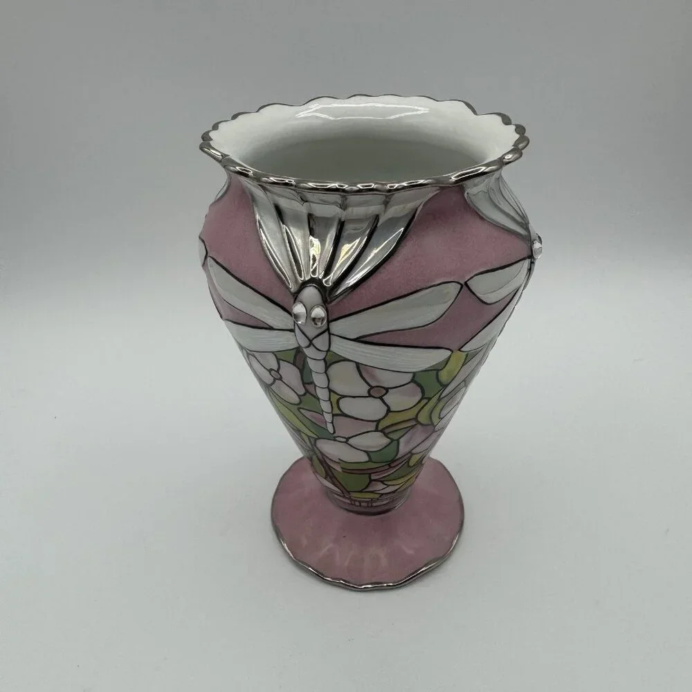VTG Louis Tiffany Bradford Exchange Glittering Dragonflies Porcelain Vase Pink - Picture 4 of 9